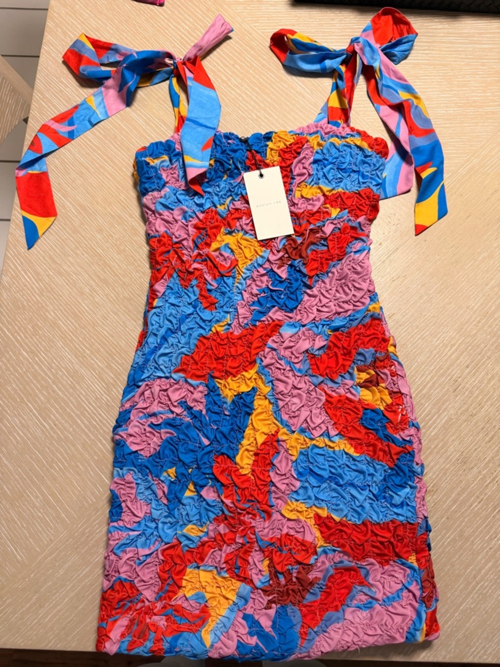 Adelyn Rae Multicolor Ruched Tie-Shoulder Mini Dress